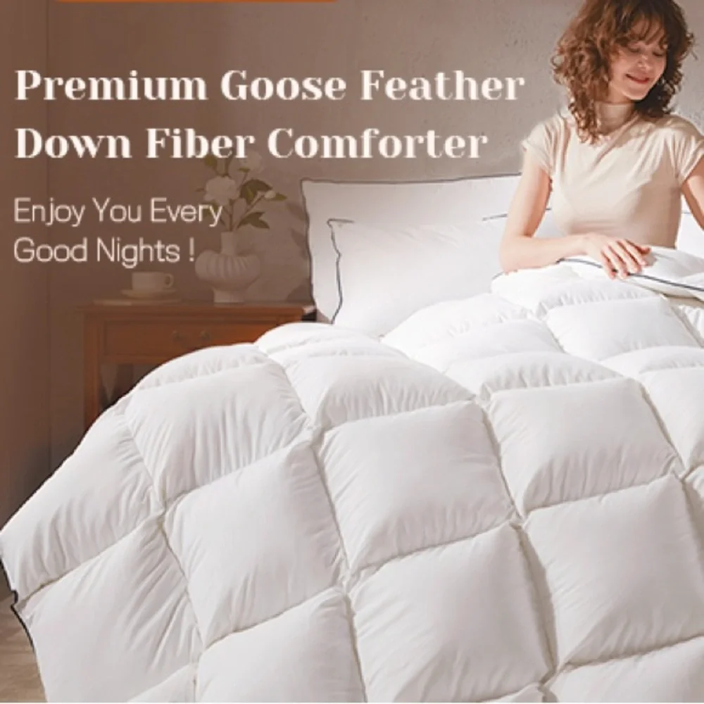 All Season Goose Feather Down Comforter Twin, Fluffy Breathable Cotton